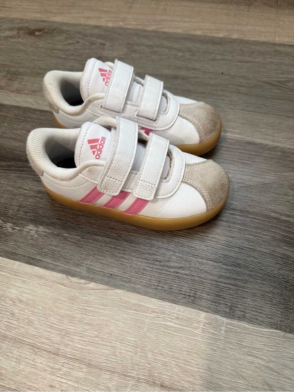 adidas Kids White Sneakers with Pink Stripes and Gum Sole